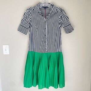 Tommy Hilfiger Striped Button-Front Shirt Dress w/ Green Pleated Skirt XXS